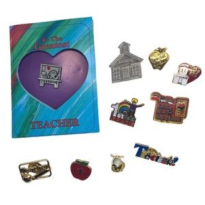 Teacher Broach 10 Pins Apples Schoolhouse Rainbow Colorful Gold Silver Tone